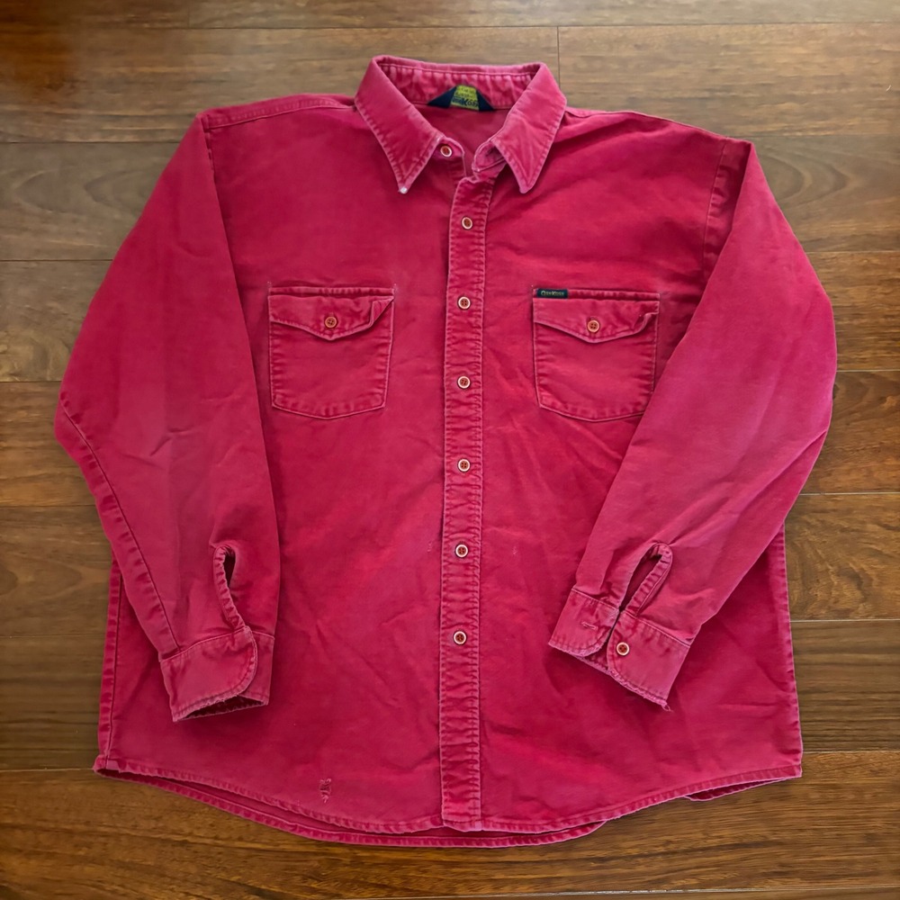 OshKosh B'gosh Mens Canvas Work Shirt L Red Vintage Distressed Gorpcore Baggy